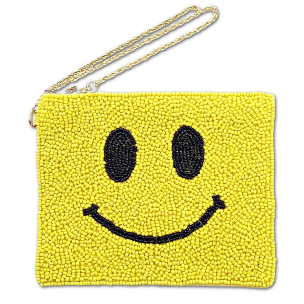 Emoji Smiley Face Yellow Seed Beaded Wristlet Chain Coin Pouch Storage Bag NEW